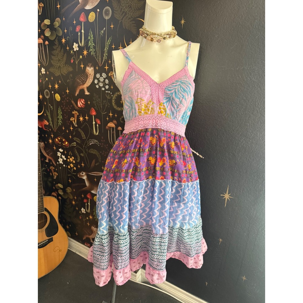 Boho Patchwork Cotton Tiered Midi Dress Pink Purple Floral Smocked Back